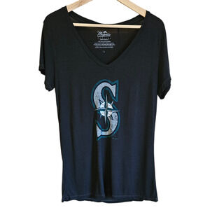 Majestic Threads Women’s Seattle Mariners T-Shirt Bamboo V-Neck Black Size Large